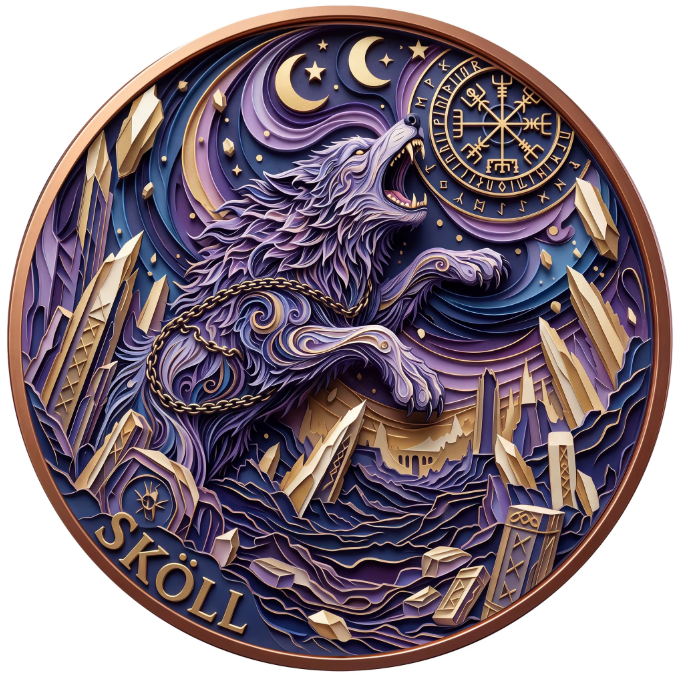5 Styles! Sköll The Sun Wolf Norse Mythology Series – 1 oz .999 Fine Copper Round 40mm (Packs of 20) – 5 UV Color Designs