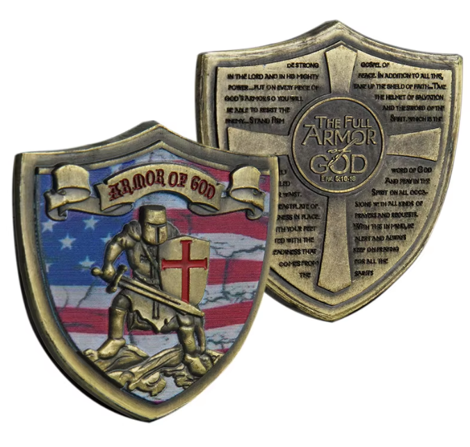 Armor of God American Flag Templar Knight Shield-Shaped Challenge Coin both sides – Crusader knight red cross shield USA flag enamel obverse and Full Armor of God cross Ephesians 6:10-18 scripture reverse antique bronze