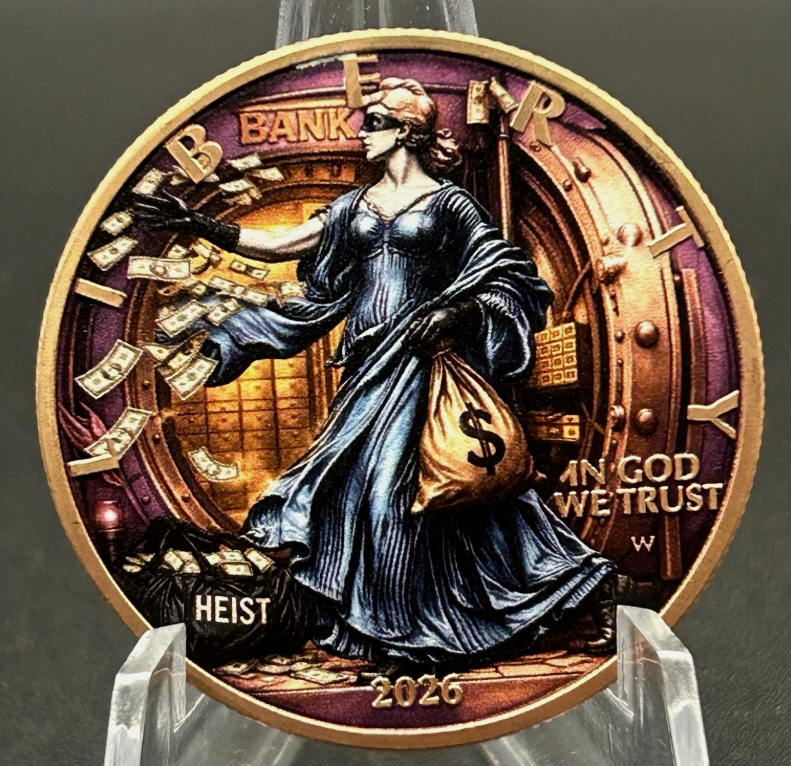 Bank Heist Liberty - Imprinted Front 3D Eagle Rear 1 oz Copper Round