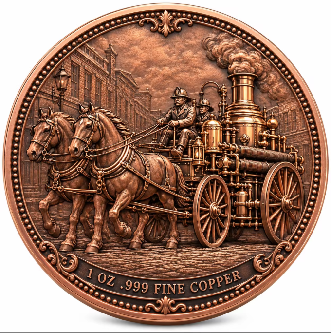 Horse-drawn steam fire engine copper coin