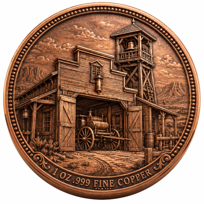 Historic firehouse and bell tower copper coin