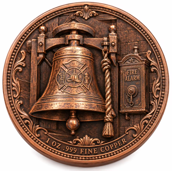 Firehouse bell and vintage fire alarm copper coin
