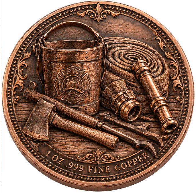 Firefighting tools copper coin with bucket, hose, nozzle and axe