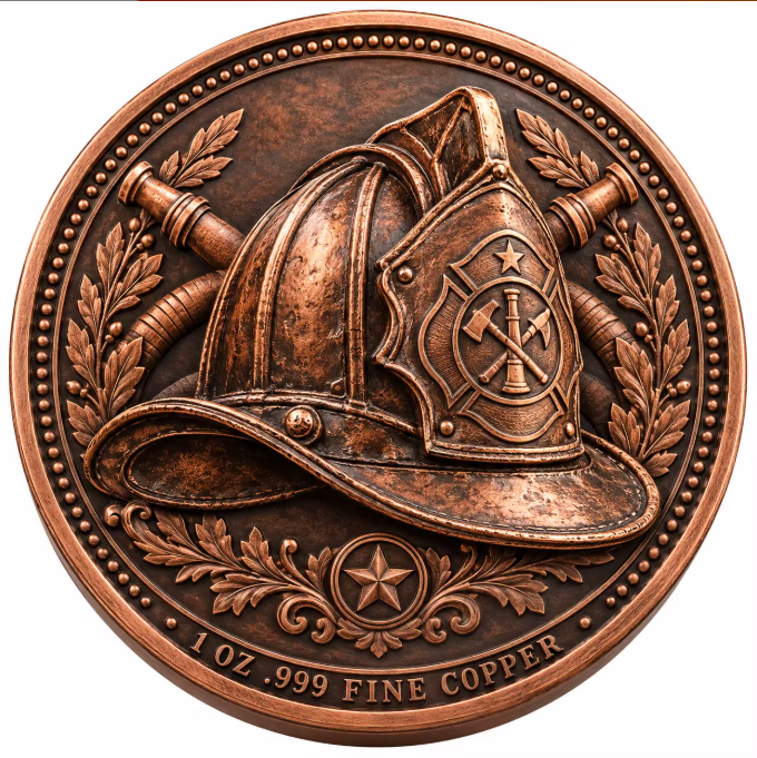 Firefighter helmet copper coin marked 1 oz .999 fine copper