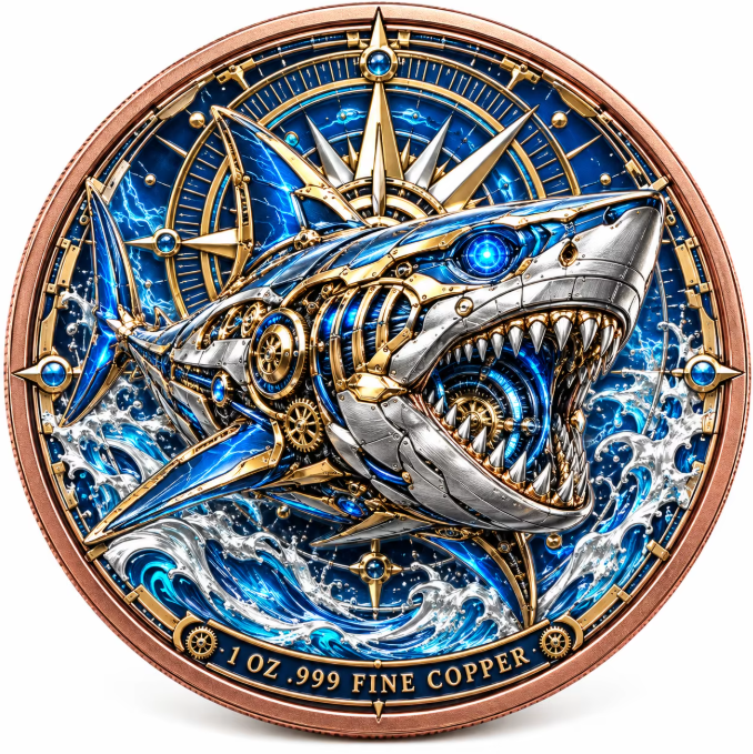 Blue mechanical shark and compass rose, colorized 1 oz .999 fine copper coin