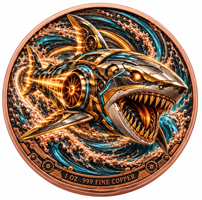 Turbine-inspired mechanical shark with orange accents and teal waves, 1 oz .999 fine copper coin