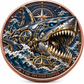 Colorized mechanical shark with gears, compass motifs and ocean waves on a 1 oz .999 fine copper coin