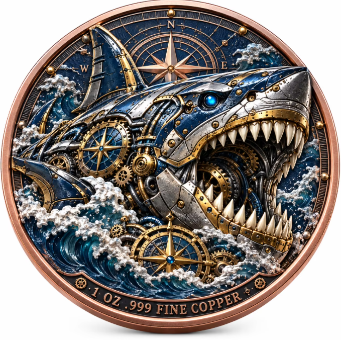 Colorized mechanical shark with gears, compass motifs and ocean waves on a 1 oz .999 fine copper coin