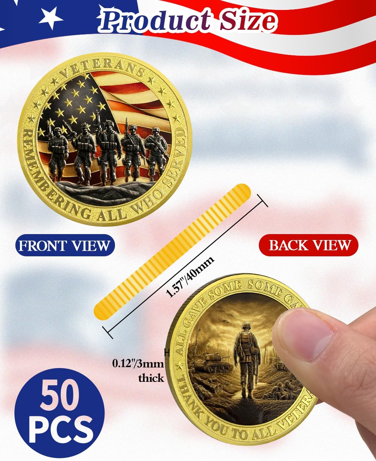 50Pcs Military Challenge Coins Set - Thank You to All Veterans Coin Military Commemorative Appreciation Gifts for Men Women Thank You for Your Service Veterans Day Gifts Bulk