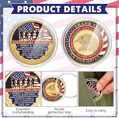 50 Pcs Military Veteran Challenge Coin Double Sided Engraving Honoring All Who Served Military Appreciation Gift Coin for Veterans Collectors