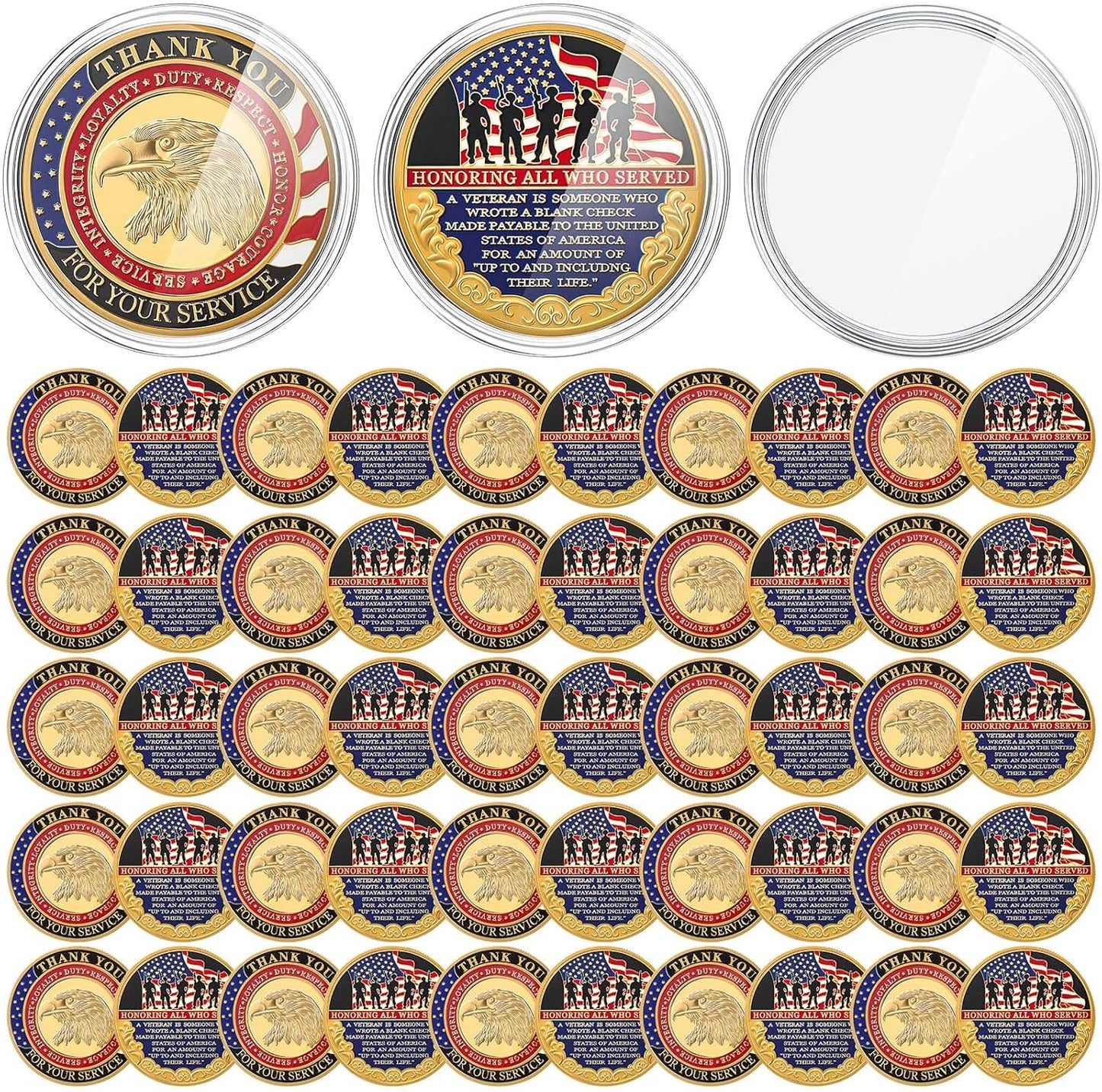 50 Pcs Military Veteran Challenge Coin Double Sided Engraving Honoring All Who Served Military Appreciation Gift Coin for Veterans Collectors
