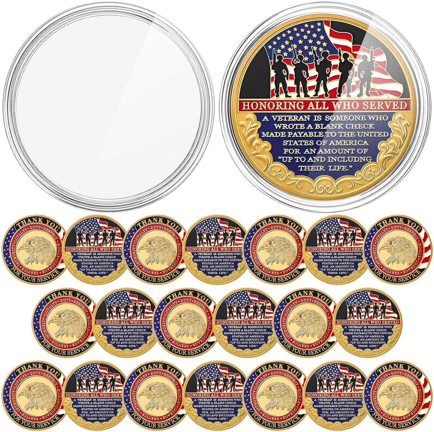 20 Pcs Military Veteran Challenge Coin Double Sided Engraving Honoring All Who Served Military Appreciation Gift Coin for Veterans Collectors