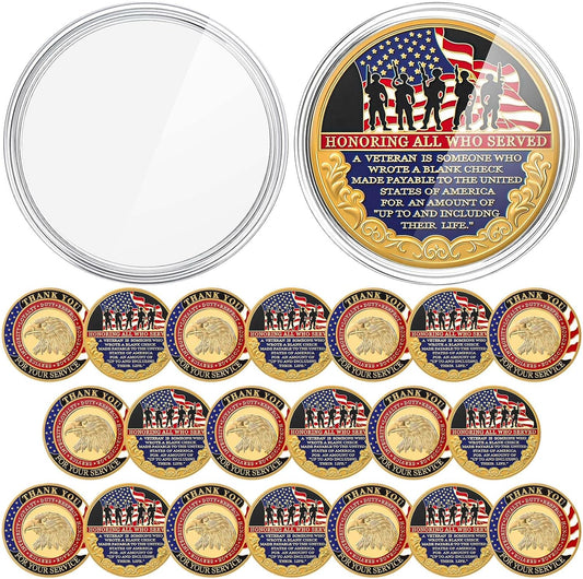 20 Pcs Military Veteran Challenge Coin Double Sided Engraving Honoring All Who Served Military Appreciation Gift Coin for Veterans Collectors