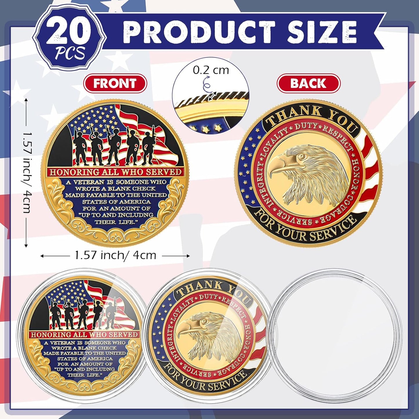 20 Pcs Military Veteran Challenge Coin Double Sided Engraving Honoring All Who Served Military Appreciation Gift Coin for Veterans Collectors