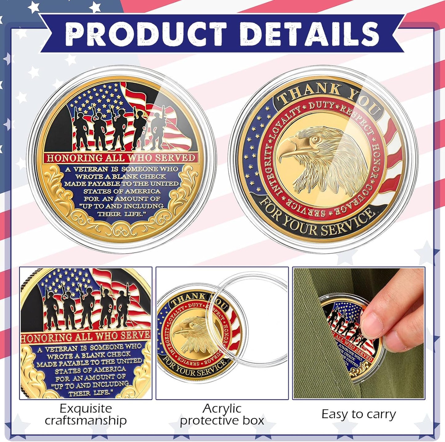 50 Pcs Military Veteran Challenge Coin Double Sided Engraving Honoring All Who Served Military Appreciation Gift Coin for Veterans Collectors