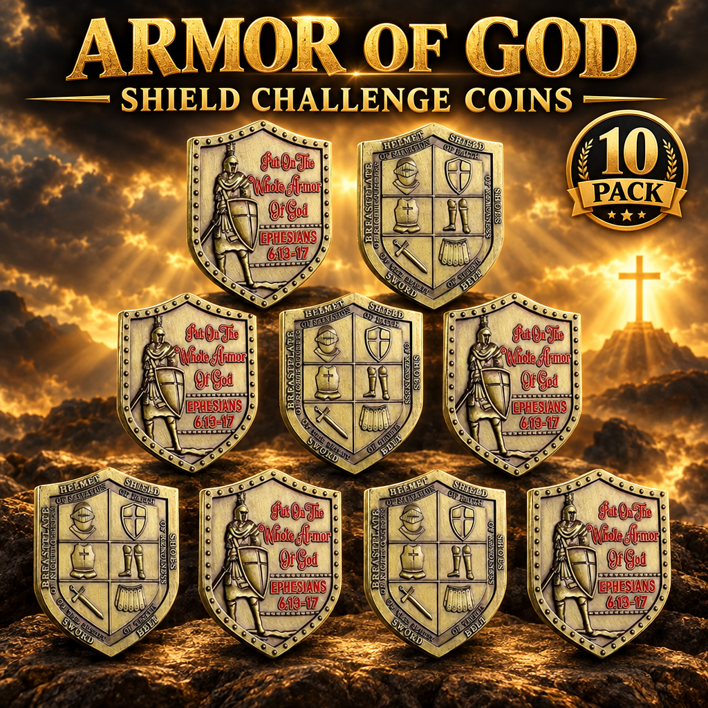 Armor of God Shield Challenge Coins – 2-Inch Christian Coins – 10 Pack