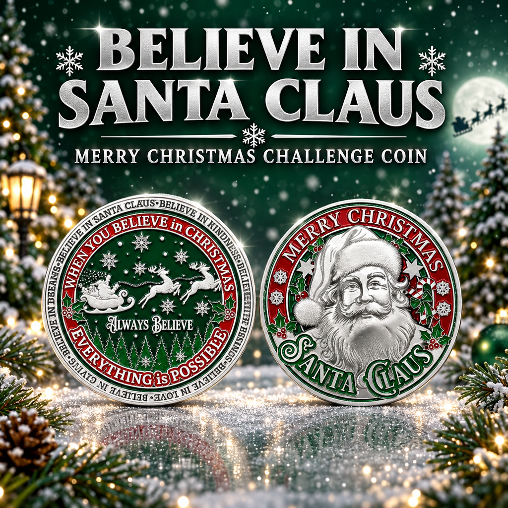 Believe in Santa Claus Christmas Challenge Coins – 45mm Silver or Gold Finish – 10 or 20 Pack