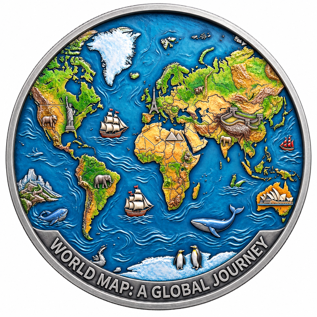 Colorful silver World Map coin