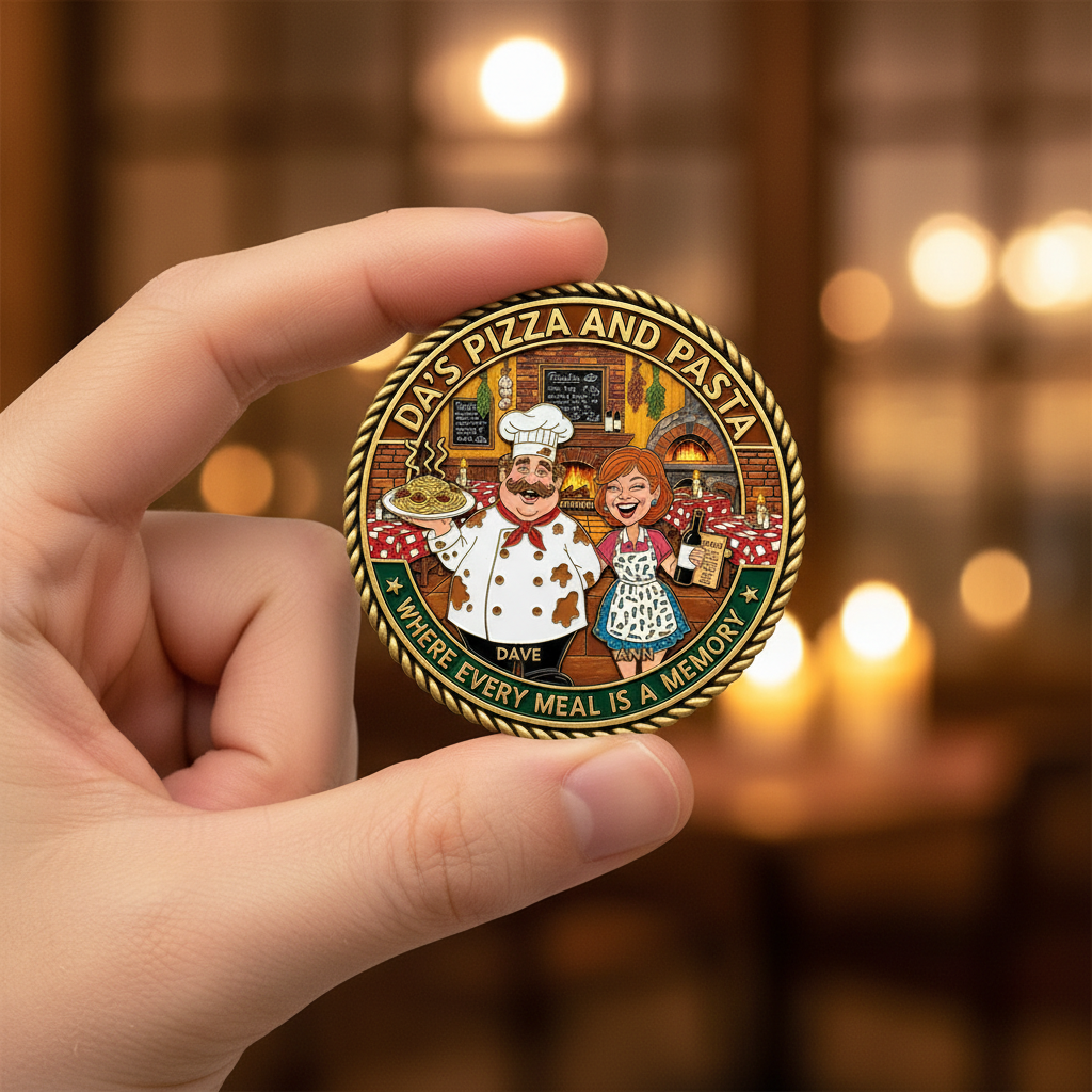 DA's Pizza and Pasta Coin in Hand - Close Up