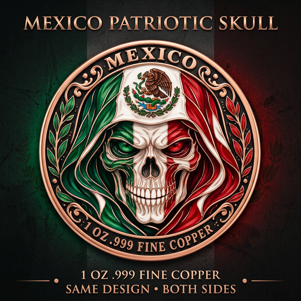Mexico patriotic skull copper coin cover, same artwork on both sides