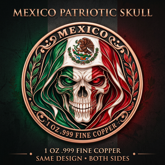 Mexico patriotic skull copper coin cover, same artwork on both sides
