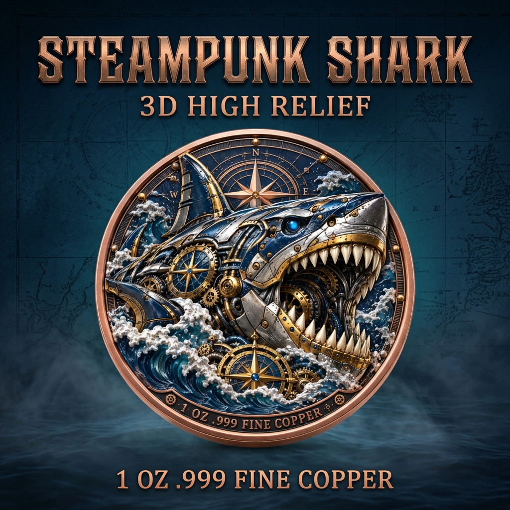 Steampunk Shark 3D high relief 1 oz fine copper coin cover