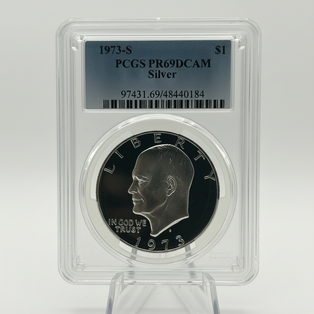 1973-S Eisenhower Silver Dollar PCGS PR69 DCAM - Obverse Eisenhower Portrait Proof Enhanced