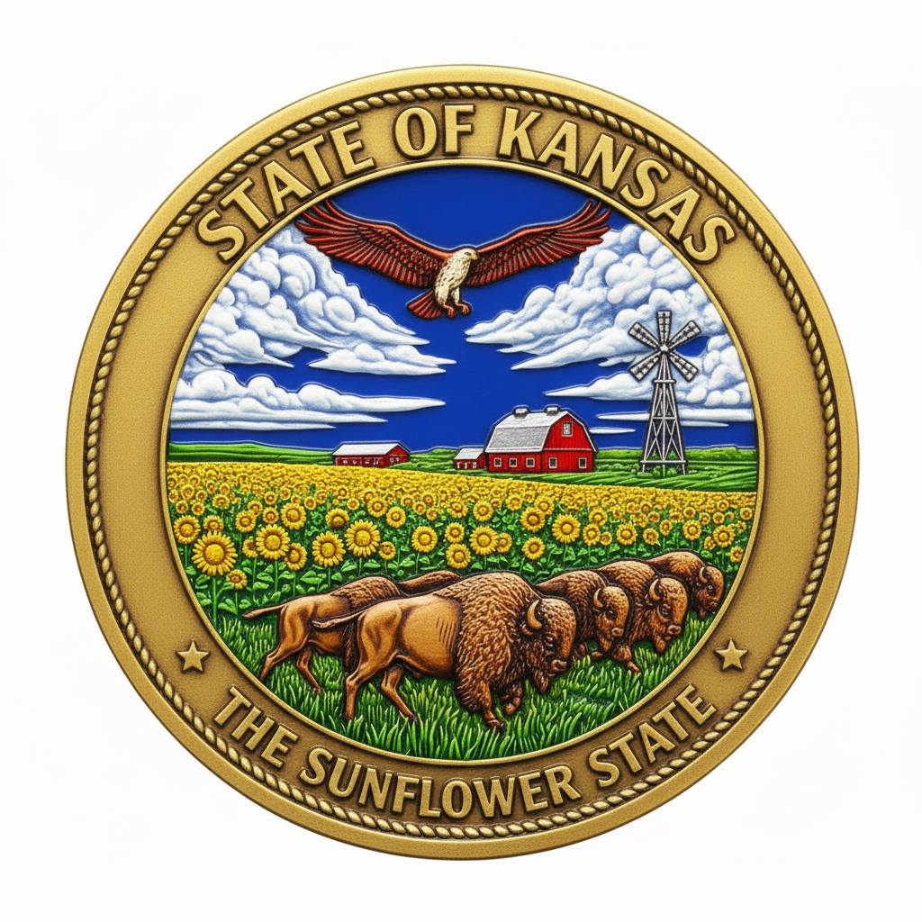 Kansas State Challenge Coin - Color with Antique Gold Border
