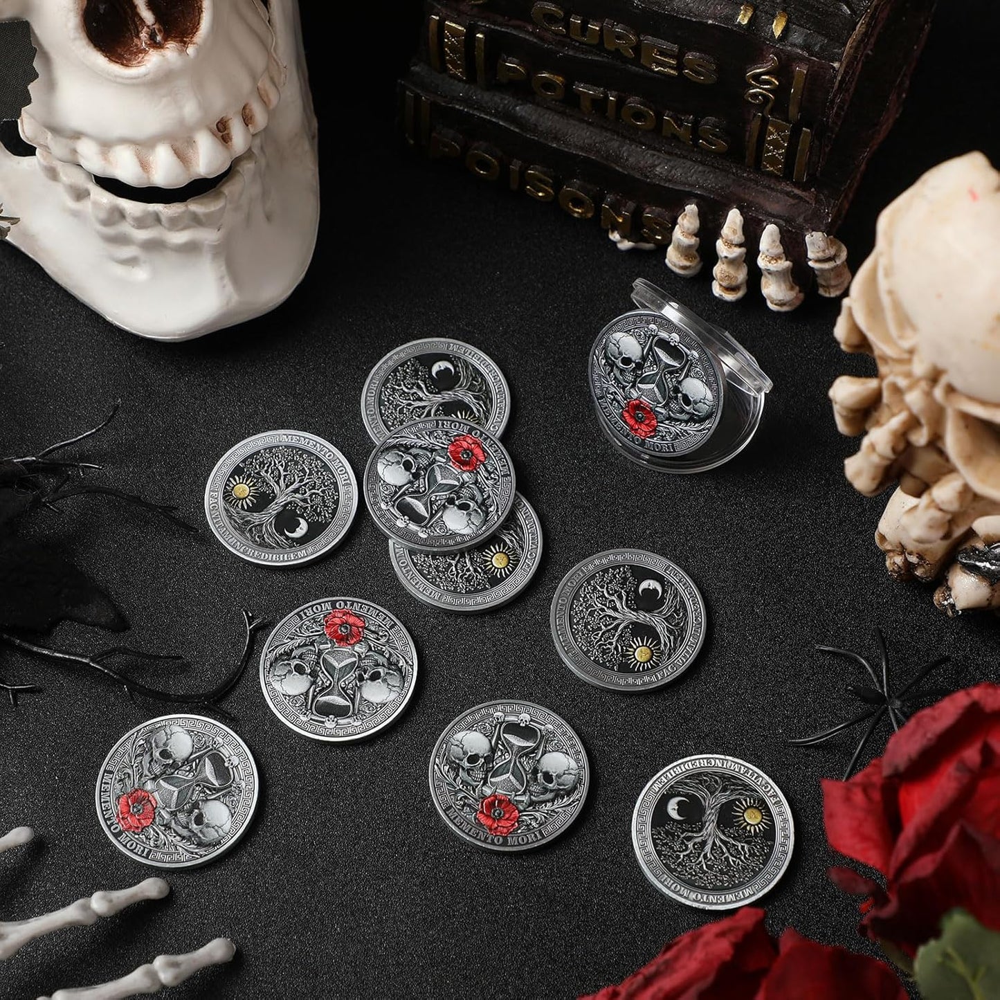 Memento Mori Challenge Coin – 10-Pack | Skulls, Hourglass & Tree of Life | Fac Vitam Incredibilem
