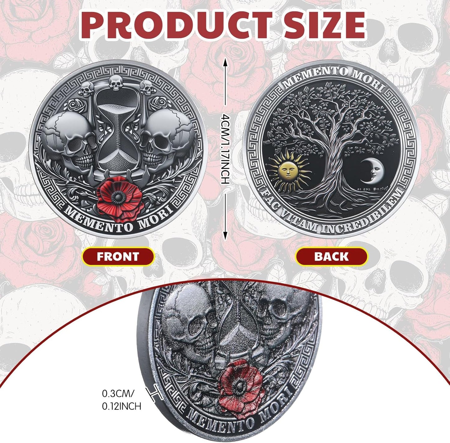 Memento Mori Challenge Coin – 10-Pack | Skulls, Hourglass & Tree of Life | Fac Vitam Incredibilem
