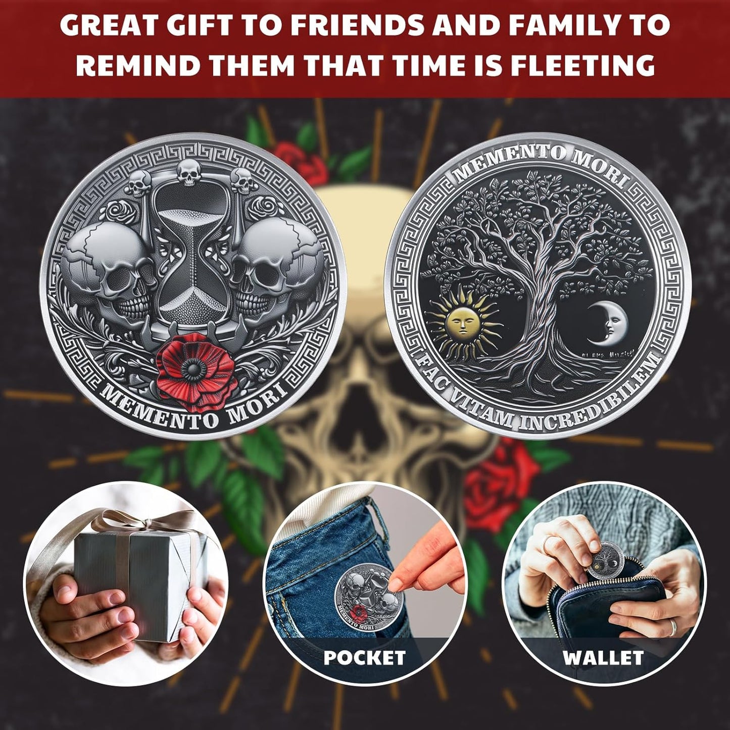 Memento Mori Challenge Coin – 10-Pack | Skulls, Hourglass & Tree of Life | Fac Vitam Incredibilem