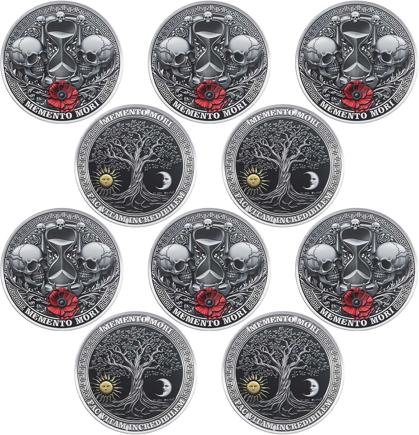 Memento Mori Challenge Coin – 10-Pack | Skulls, Hourglass & Tree of Life | Fac Vitam Incredibilem