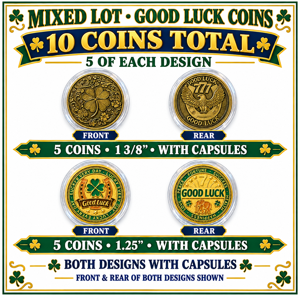 Good Luck Coins Mixed Lot – 10 Coins, 5 of Each Design – With Capsules