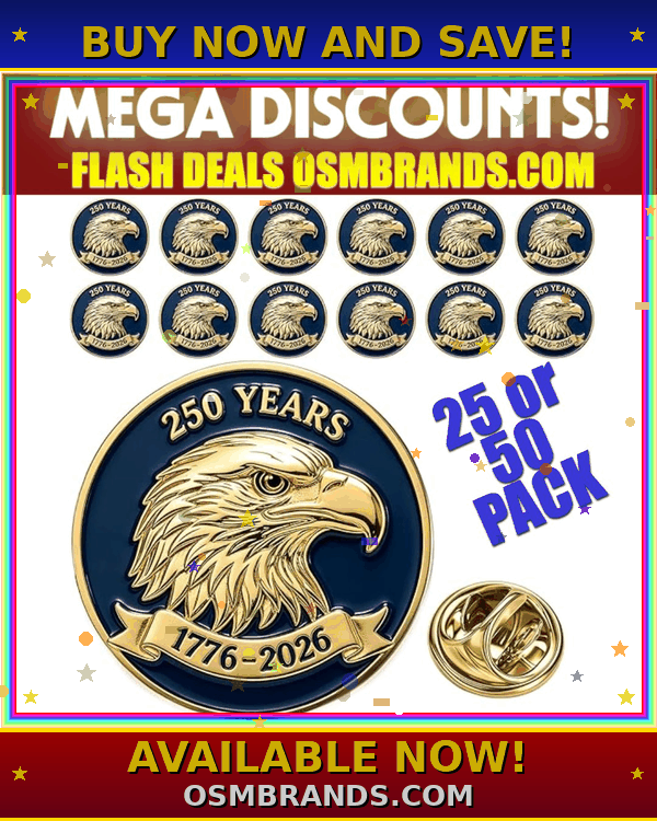 250 Years Bald Eagle Lapel Pin – 1776-2026 USA Anniversary Pin | 25 or 50 Pack