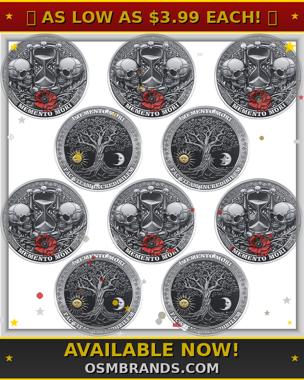 Memento Mori Challenge Coin – 6/10-Pack | Skulls, Hourglass & Tree of Life | Fac Vitam Incredibilem