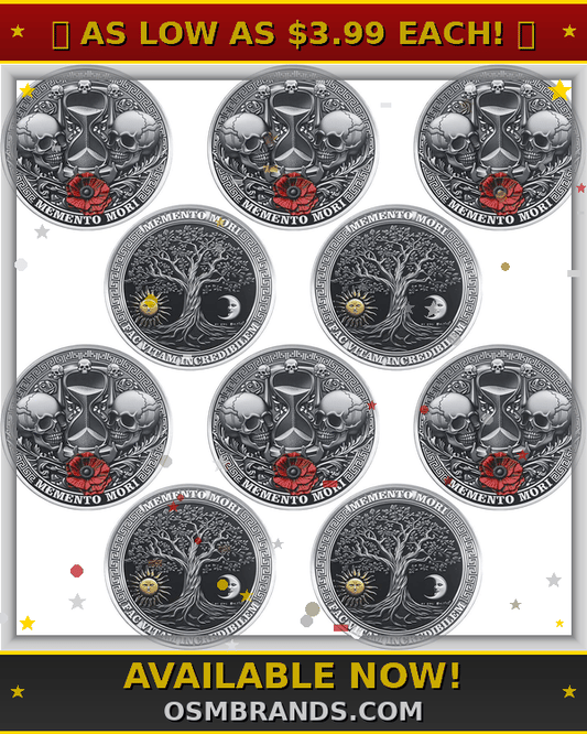 Memento Mori Challenge Coin – 6/10-Pack | Skulls, Hourglass & Tree of Life | Fac Vitam Incredibilem