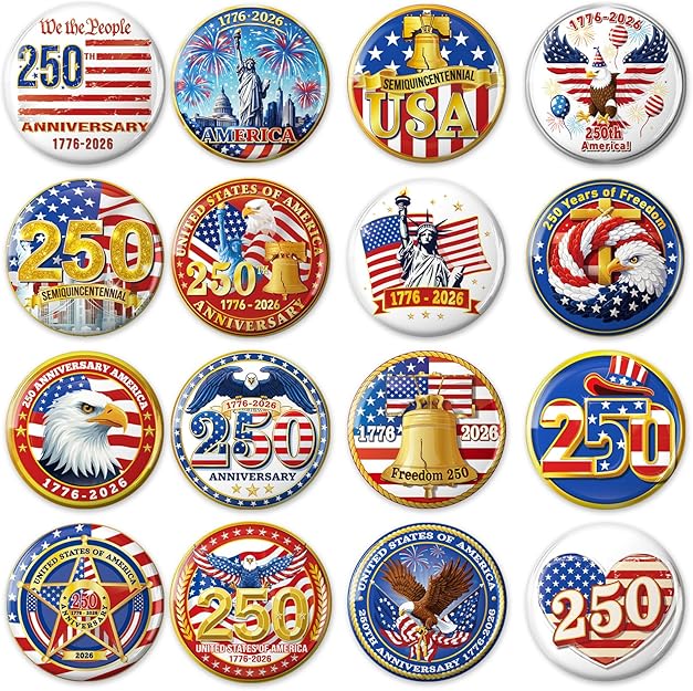 USA 250th Anniversary Button Pins 32-Pack – Patriotic 1776-2026 Assorted Pins