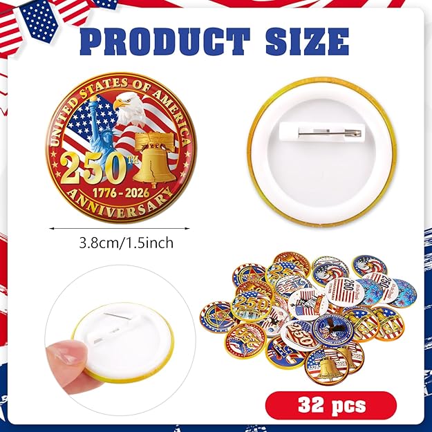 USA 250th Anniversary Button Pins 32-Pack – Patriotic 1776-2026 Assorted Pins