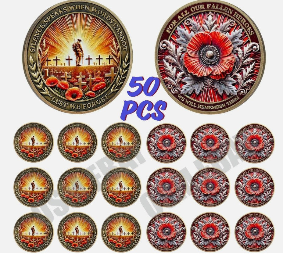 50 Veterans "For our Fallen Heroes" Poppy High Grade Challenge Coins