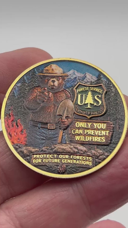 Smokey the Bear US Forest Service Challenge Coin – 40mm Antique Gold