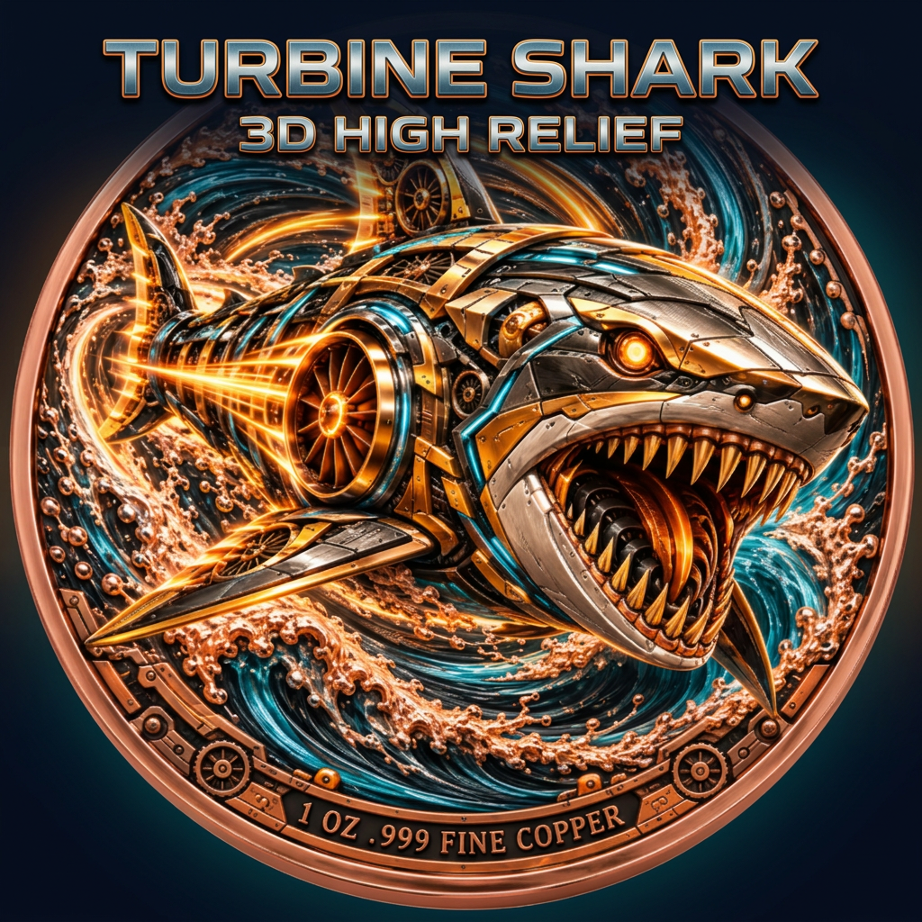 Turbine Shark cover with title outside the full coin and original lettering preserved
