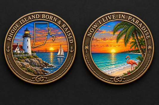 Two-sided Rhode Island and Florida challenge coin concept